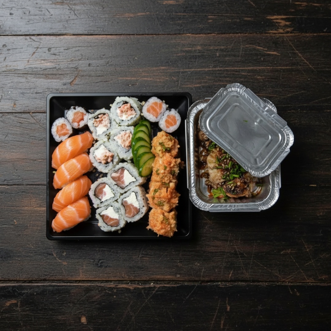 4 Uramaki Filadélfia 4 Niguiris de Salmão 4 Hossomaki Salmão 4 Hot Filadélfia 4 Joe 4 Uramaki Salmão Grelhado