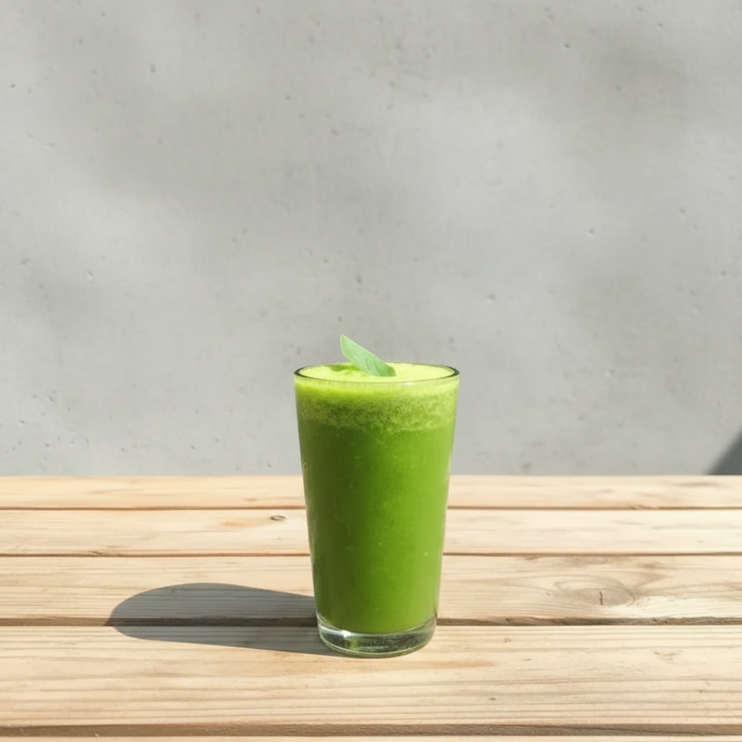 Suco refrescante e saudável, com salsão, maçã verde, gengibre, pepino, couve orgânica e limão. Contém 200ml