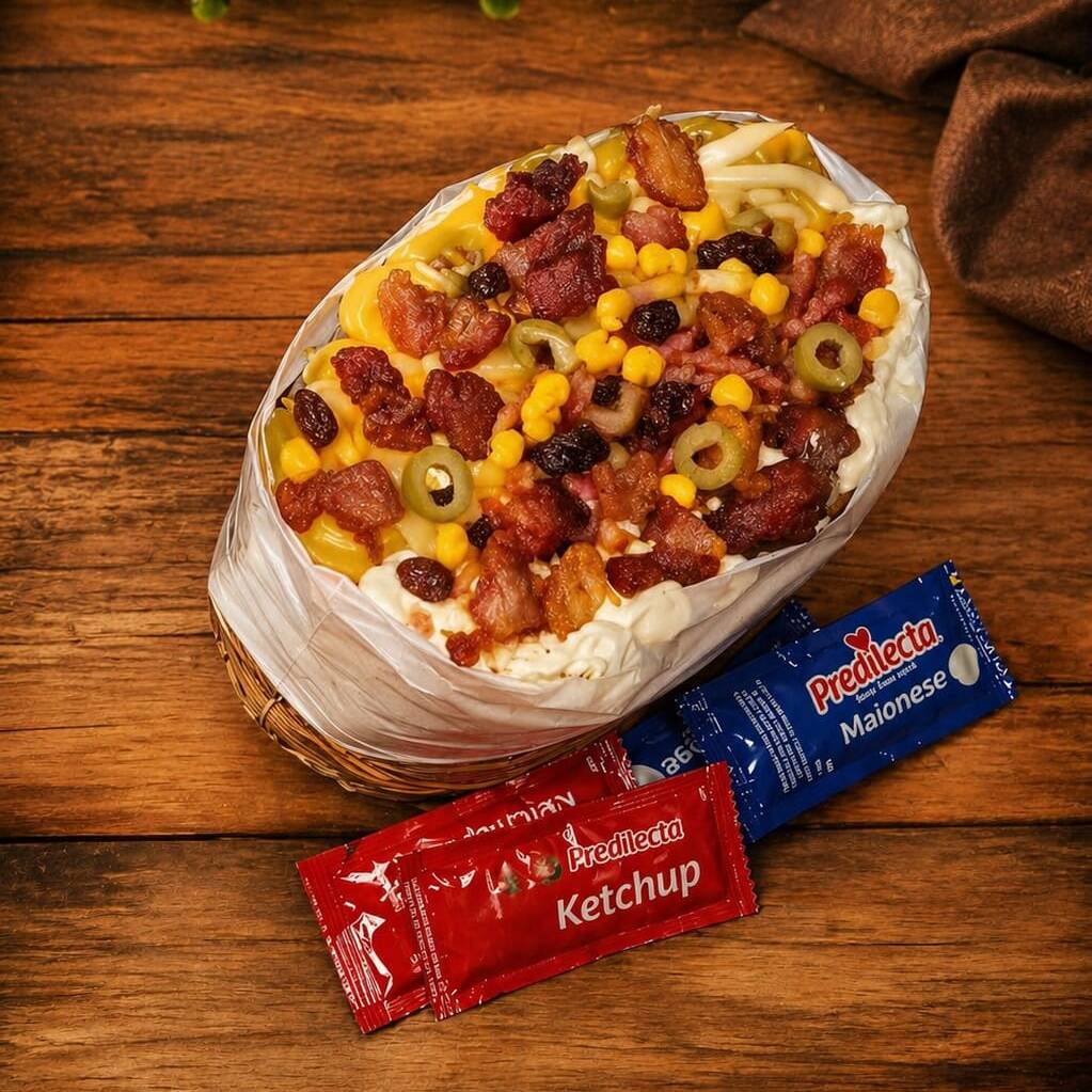 Delicioso hot dog com 2 salsichas, molho especial, batata palha, bacon, milho, azeitona, uva passa, mussarela ralada, Cheddar e Catupiry. Acompanha maionese e ketchup. Não Realizamos Troca De Ingredientes!!!