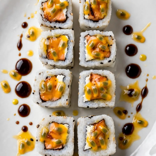 8 unidades de sushi de salmão grelhado envolto com alga nori, arroz, gergelim e calda de maracujá natural