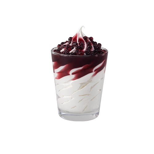 Bebida láctea cremosa combinada com pérolas (bubbles) esféricas de cor roxo-escura em calda e notas agridoce. Uma combinação suave e refrescante, com textura diferenciada e explosão de sabor a cada mordida.
