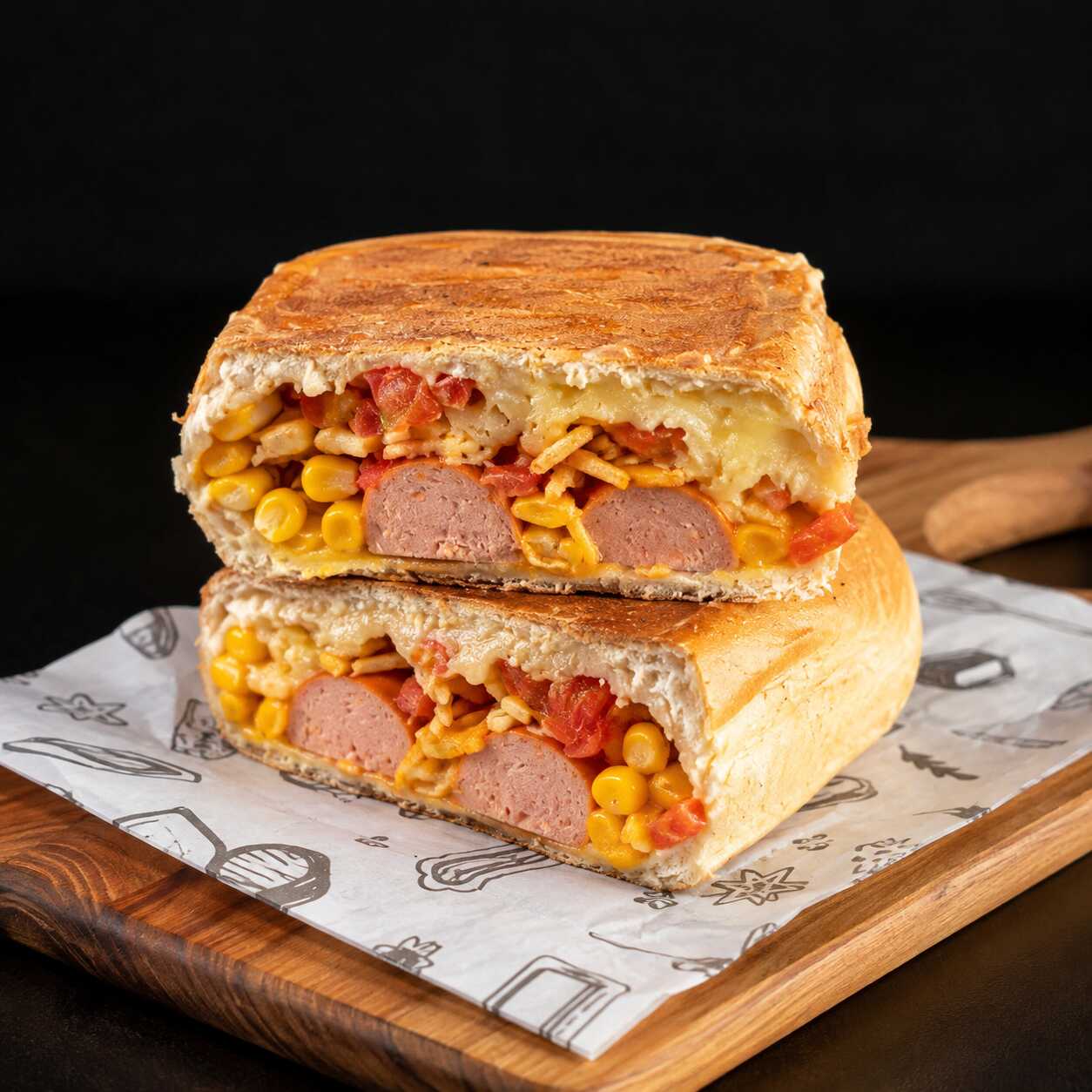 Hot dog Prensado com pão 70 gramas, 1 salsicha, ketchup e mostarda, vinagrete, milho e palha, leve camada de purê e maionese temperada, com alho frito.