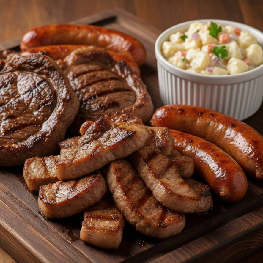 Delicioso combo com 500g de churrasco misto (pernil, alcatra e linguiça) acompanhado de 500g de maionese cremosa.