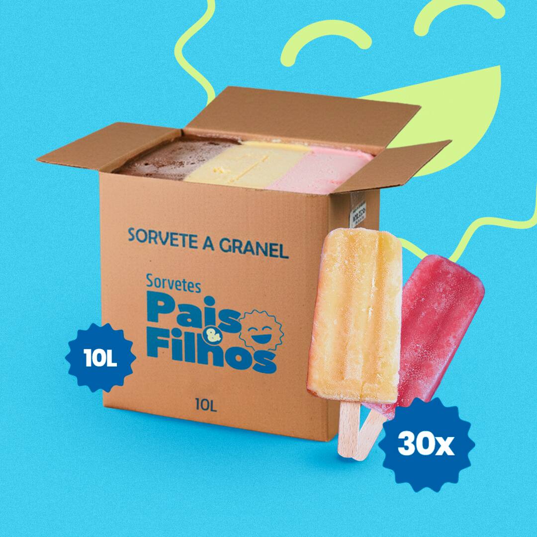 Sorvete Napolitano Tradicional de 10 litros (Chocolate, Creme e Morango) + 30 Picolés (3 sabores sendo 10 unidades cada. Cremoso e Fruta)
