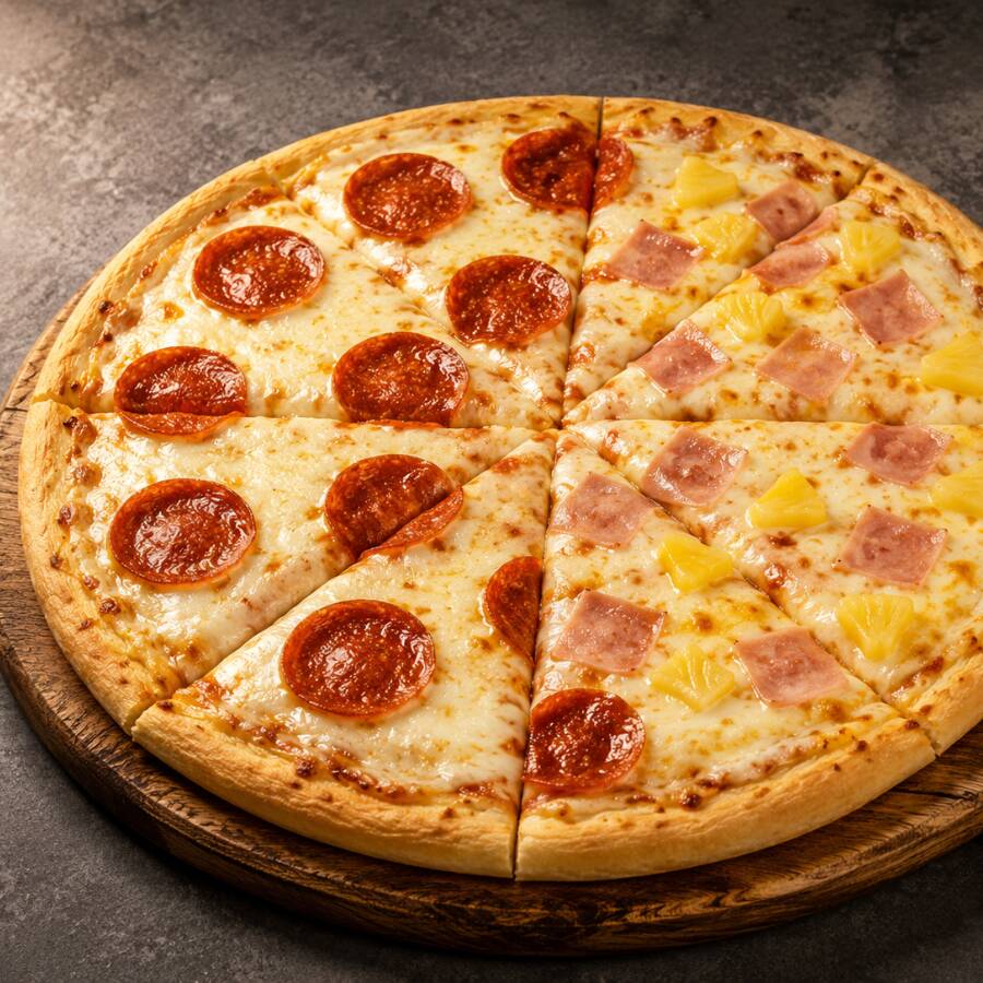 Pizza Grande Mitad Hawaiana y Mitad Pepperoni