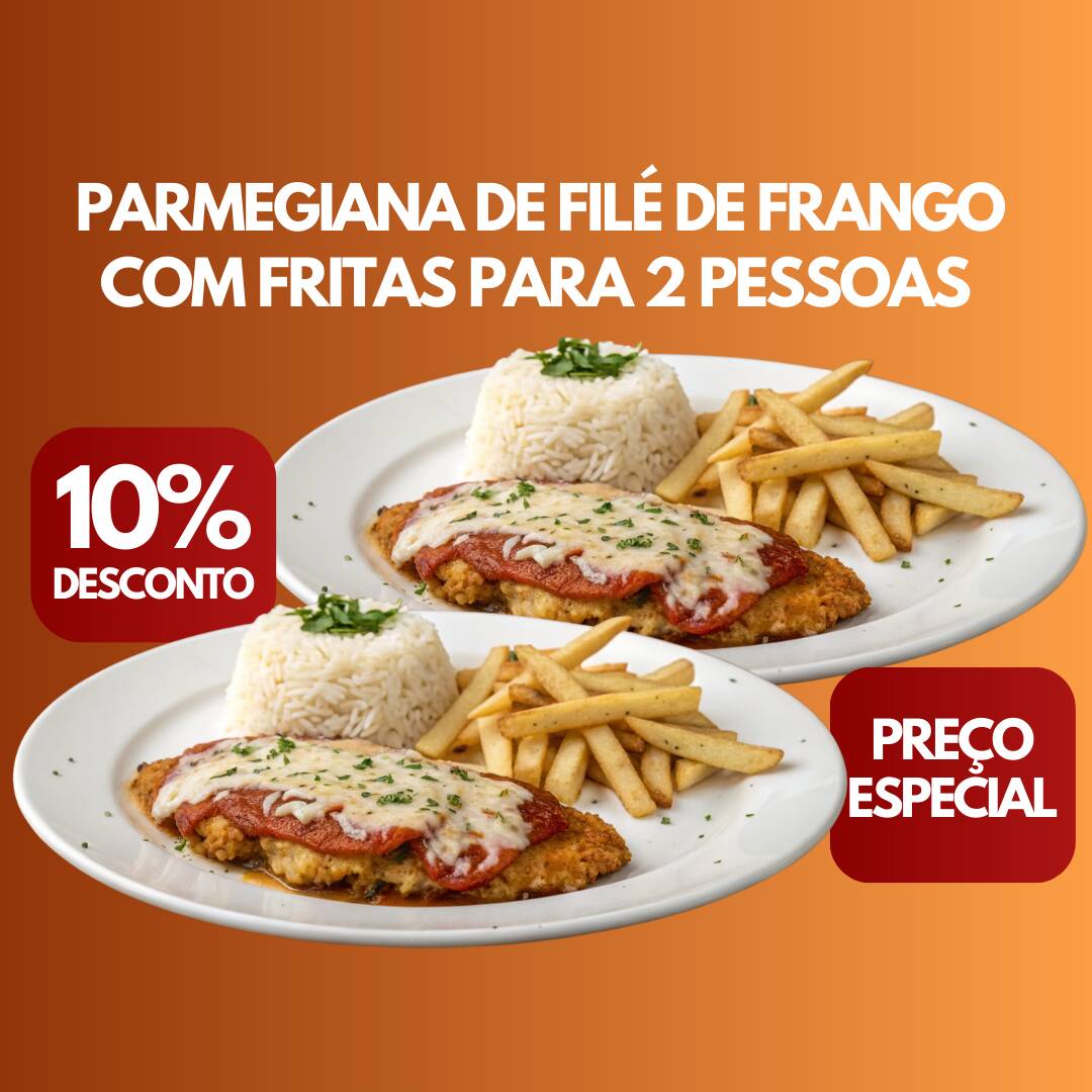 Filé de frango empanado, coberto com molho caseiro e queijo derretido, acompanhado de arroz soltinho e batatas fritas crocantes. Serve 2 pessoas. Obs: A composição do prato não pode ser alterada. *Imagem ilustrativa