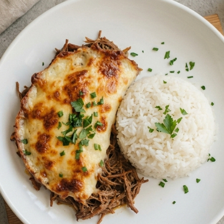 Delicioso escondidinho de costela, camadas de purê de macaxeira, queijo e costela desfiada. Acompanha arroz branco.