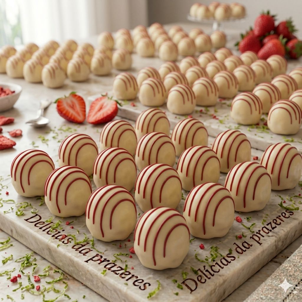 Delicada e cheia de sabor! Nossa trufa de morango é feita com brigadeiro cremoso de sabor e cor artificial de morango, envolto em chocolate branco, criando uma combinação doce, frutada e irresistível. Um docinho sofisticado que traz aquele gostinho clássico de infância com um toque especial!