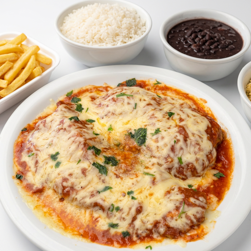 Contra filé parmegiana ,arroz, feijão e batata frita . bife parmegiana enviado separadamente .