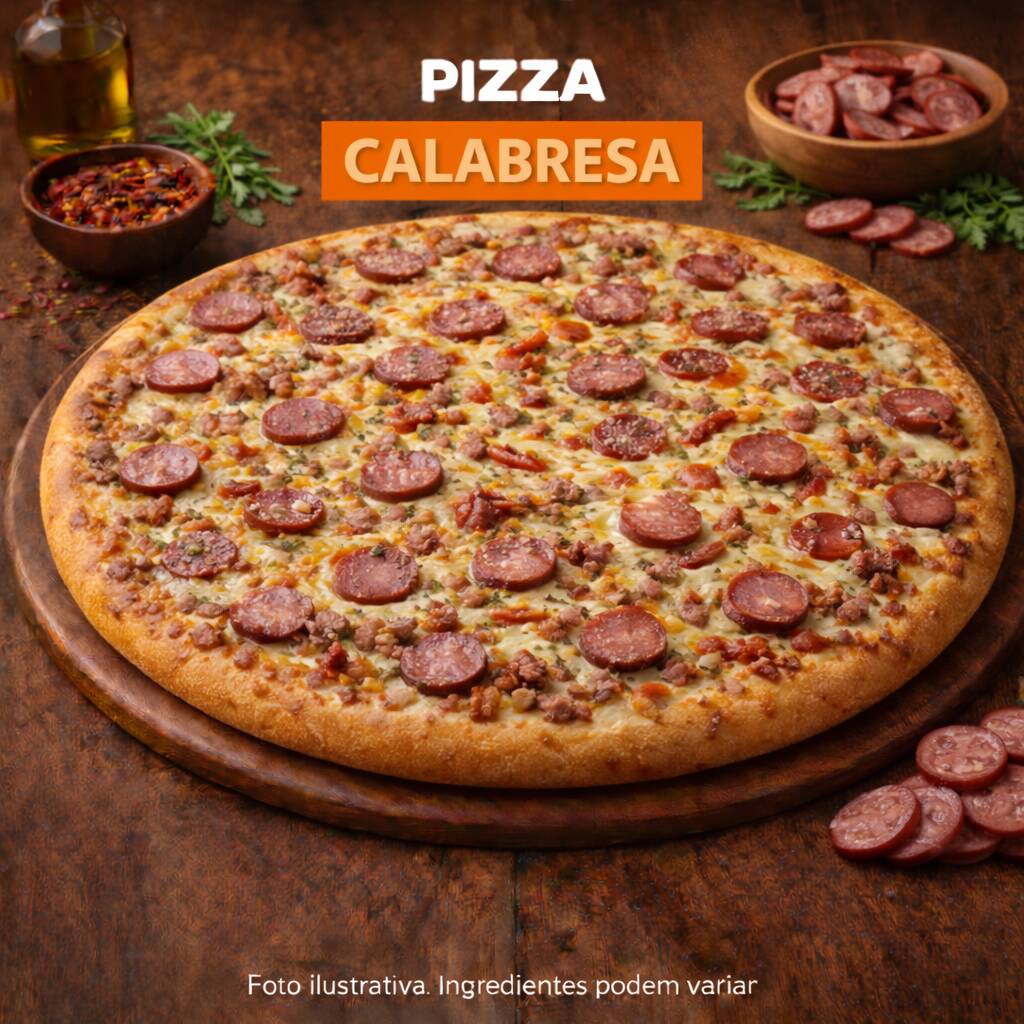 Calabresa, orégano, cebola, azeitona e molho de tomate.