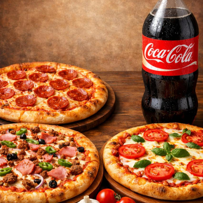 Delicie-se com nosso 'Combo 3 Pizzas + Coca 2 litros', uma opção repleta de sabor e variedade. Escolha três pizzas entre os nossos irresistíveis sabores: a clássica Calabresa, a adorada Mussarela, o suculento Presunto, o sofisticado Lombo Canadense, a autêntica Marguerita e as indulgentes opções doces de Brigadeiro e Chocolate com Avelã. Acompnhe tudo isso com uma refrescante Coca-Cola de 2 litros para completar essa experiência gastronômica deliciosamente inesquecível.