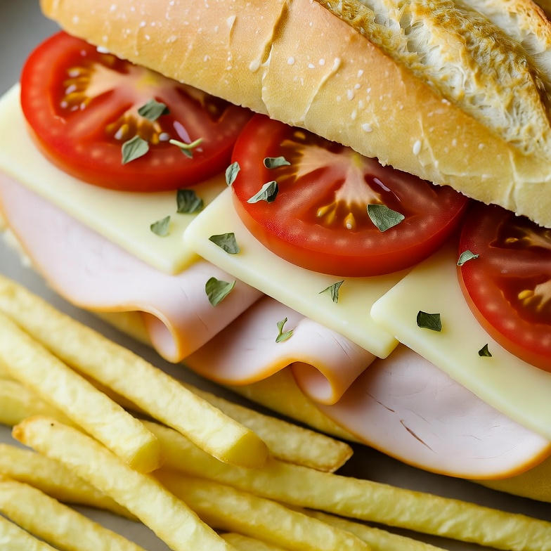 Peito de peru, queijo minas, tomate, orégano e Fritas para acompanhar