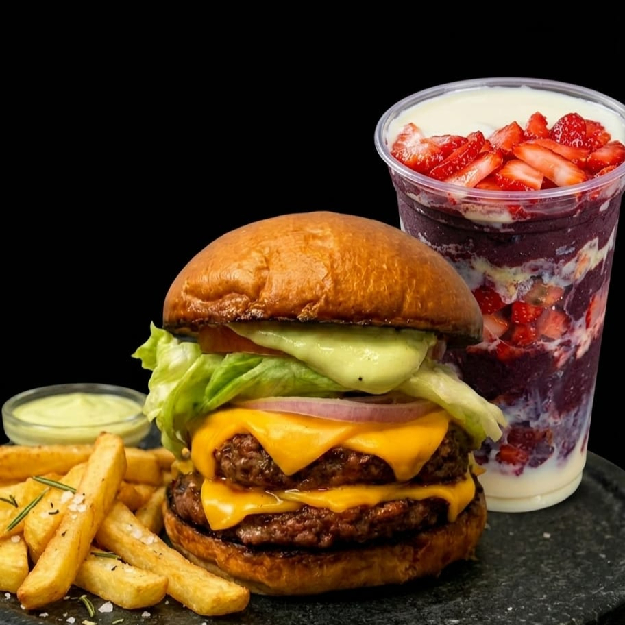 O combo solteiro acompanha, um lanche classic green com batata e um açaí tradicional de morango 300ml.