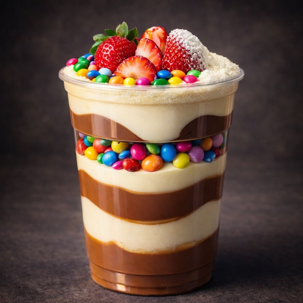 Copo de 300 ml com 6 Doçuras a sua esolha, sendo 3 Cremes (Creme de avela, creme de leite Ninho, Doce de Leite) e 3 outros Doces a sua escolha. São feitas 6 camadas para voce ir saboreando camada a camada, cada gostosura que escolher.