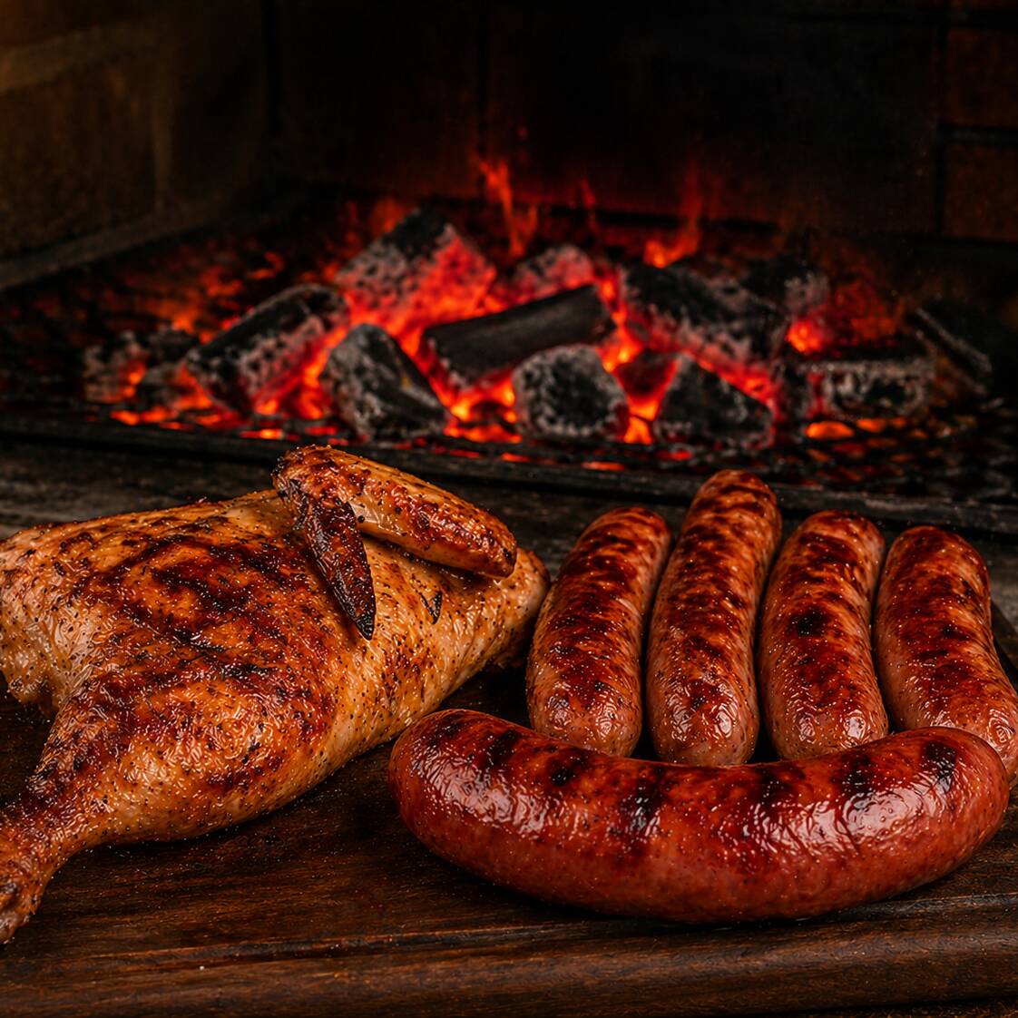 1 Banda de frango assada de brasa, 4 toscanas e 1 calabresa.