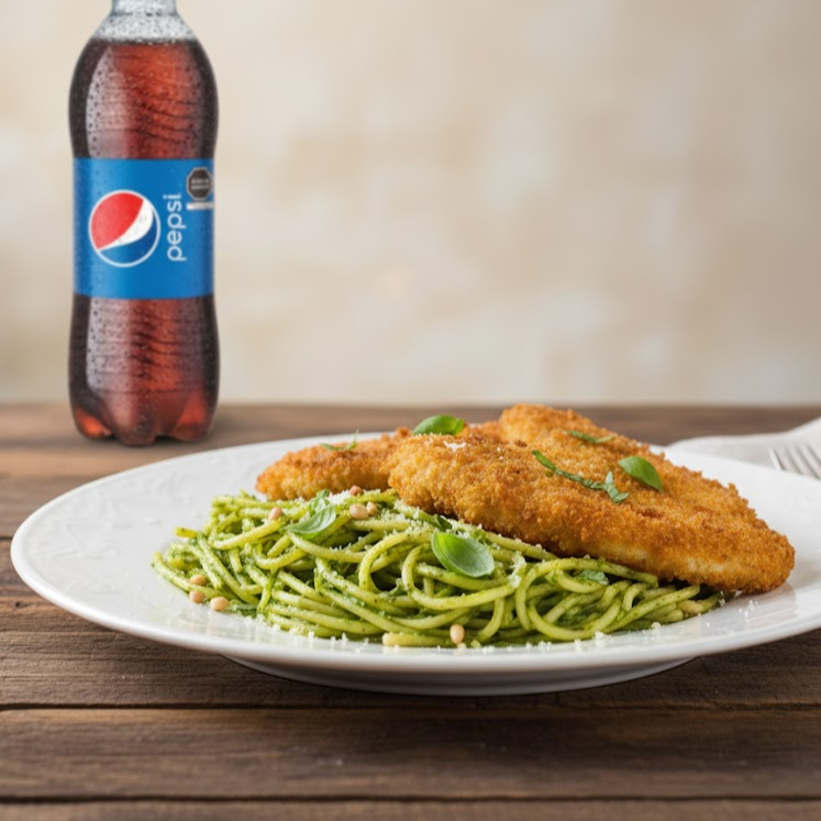 Tallarines Verdes con Milanesa + PEPSI 355 Ml
