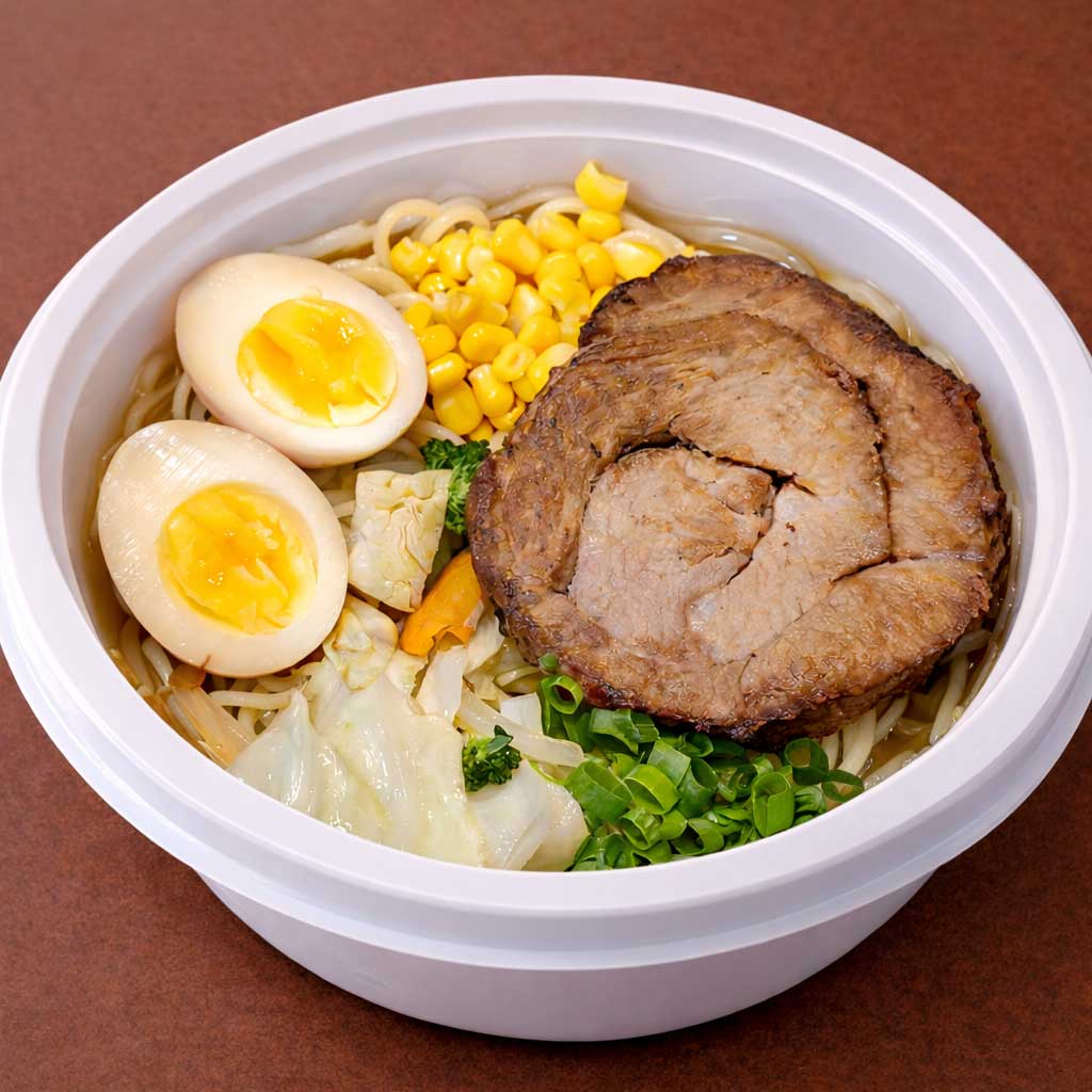 Misso lamen tradicional vai ovo com gema cremosa, legumes refogados, uma fatia de tyashu (copa lombo). O caldo vai em uma embalagem separada para conservar a qualidade dos ingredientes, principalmente a massa do lamen. (imagem ilustrativa) Nosso misso lamen é preparado com o caldo de galinha de produção própria que leva mais de 6 horas para ficar pronto. Também na pasta de misso são acrescentados mais 10 temperos japoneses e orientais para acrescentar mais sabor ao caldo. A massa utilizada tem 30cm de comprimento seguindo a tradição dos melhores lamenyas do Japão, inclusive com farinha de trigo importada. O resultado é um lamen preparado com muito cuidado e carinho e com sabor que irá surpreender.