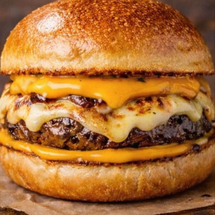 Xburguer: pão de leite selado na maionese artesanal, Hambúrguer artesanal, mussarela gratinada e cheddar cremoso.