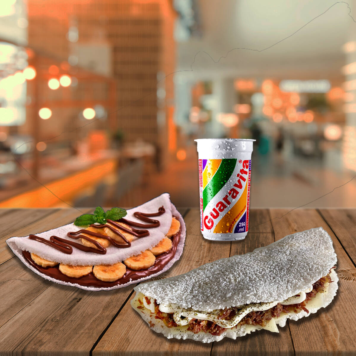 Comece com uma tapioca recheada de carne seca desfiada com queijo derretido, douradinha na manteiga e super saborosa. Depois, se joga na doçura com a clássica banana com Nutella — cremosa, marcante e irresistível. Um combo completo pra quem ama comer bem!