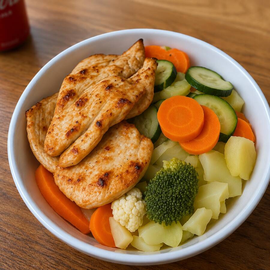 Filé de frango Grelhado, você monta sua marmita escolhendo 4 guarnições: batata frita, arroz, feijão, macarrão, farofa ou salada de legumes. Marmitex caprichada, comida brasileira caseira de verdade, feita na hora pra matar sua fome. PF completo perfeito pro seu almoço bom e barato com entrega grátis!