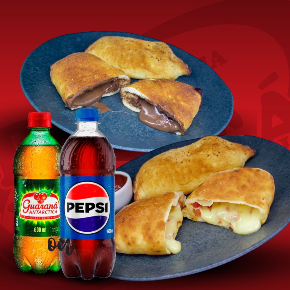 3 fogazzas de queijo, 1 fogazza de brigadeiro e 1 refrigerante 600ml
