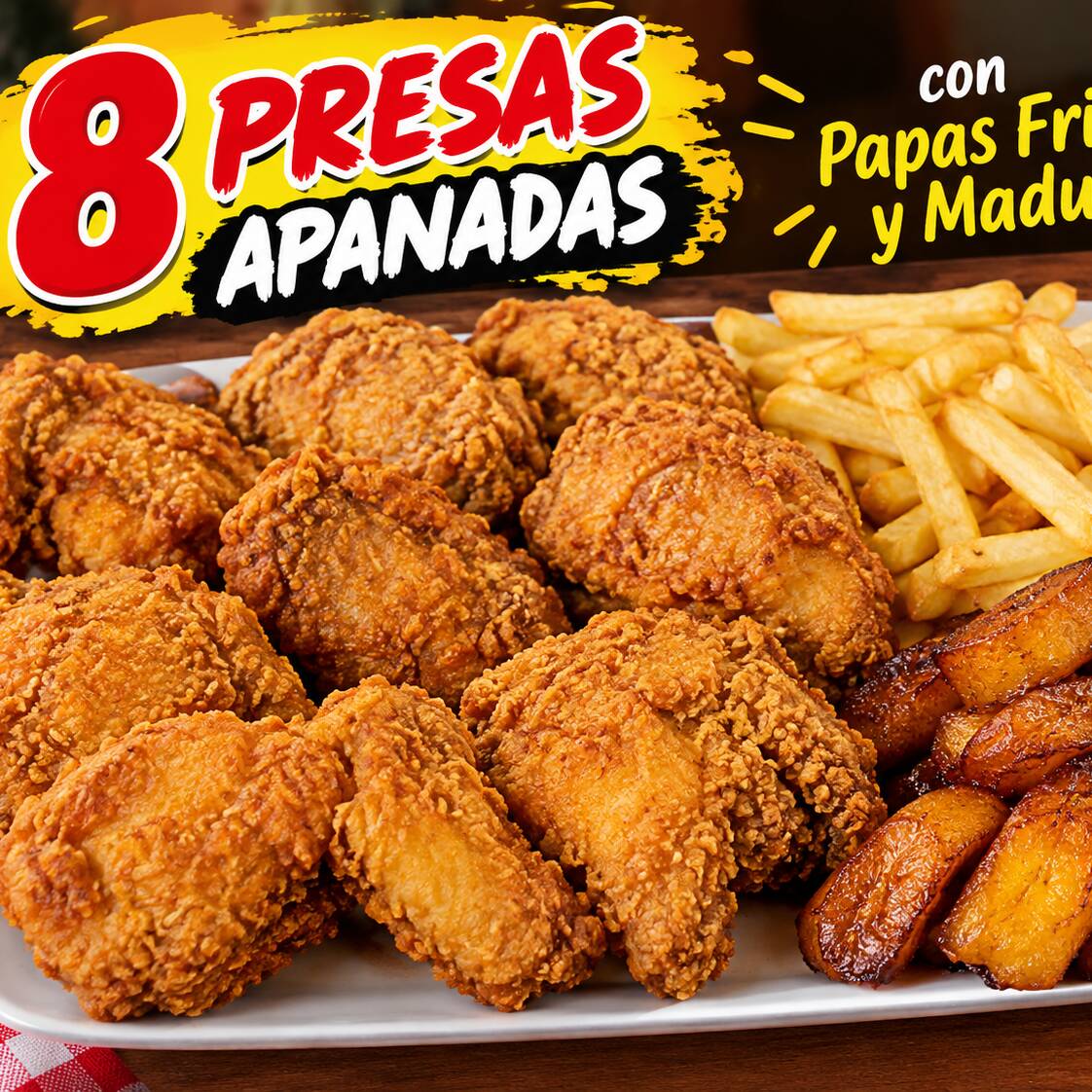 Pollo Apanado con Papas Fritas y maduro