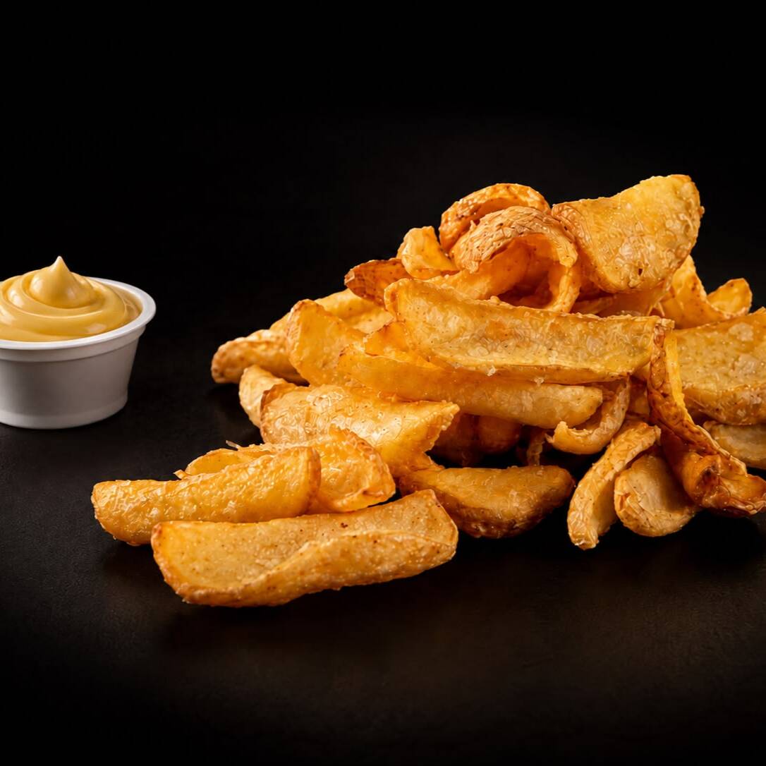 Batata canoa frita e molho da casa a parte ( 30g ). ( Aprox. 340g In Natura )