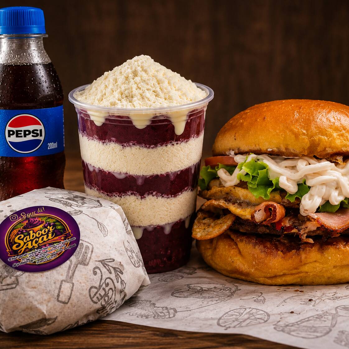 1 Hambúrguer baconese (molho baconese,molho barbecue, alface, tomate,carne bovina (não artesanal) bacon,queijo cheddar e ovo. 1 Açaí de 500 ml em 3 camadas com leite em pó. 1 Refrigerante 200 ml( sabor variados) .
***Obs 5 reais para aumentar o tamanho do copo.***