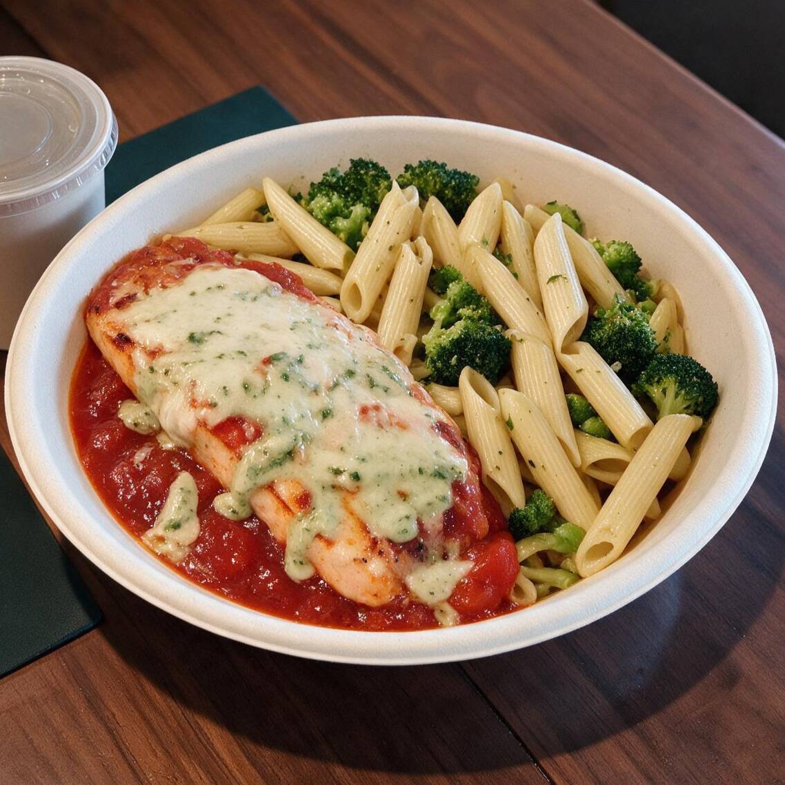 - 400 g penne alho e óleo com brócolis e ervilhas. - 120 g de filé de salmão temperado