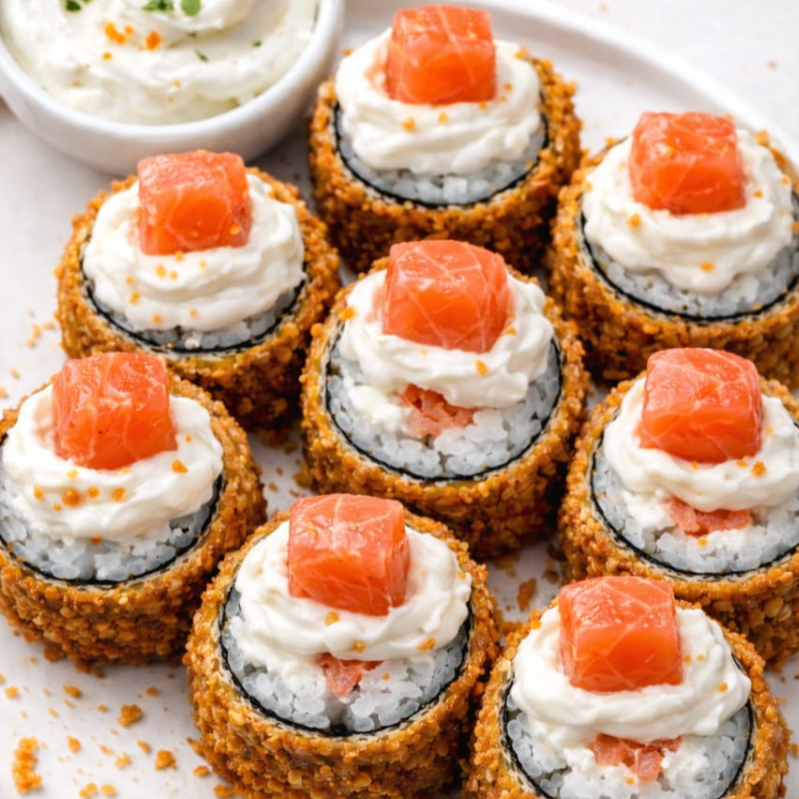 Hot frito com um cubo de salmão em cima cream cheese e tarê