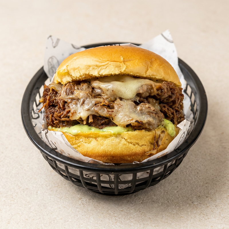 Hamburguer de 150g, 100g de costela desfiada, queijo mussarela, maionese da casa e pao brioche