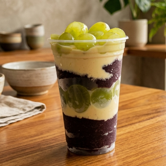 Uma explosão de sabor em cada colherada! Delicioso açaí cremoso servido em um copo generoso, coberto com uvas verdes picadas que trazem um toque refrescante e suave. Por cima, uma camada de leite condensado escorrendo delicadamente entre as frutas, finalizada com uma generosa porção de leite em pó, criando um contraste irresistível de texturas e sabores. Perfeito para quem busca uma combinação doce, frutada e incrivelmente saborosa!