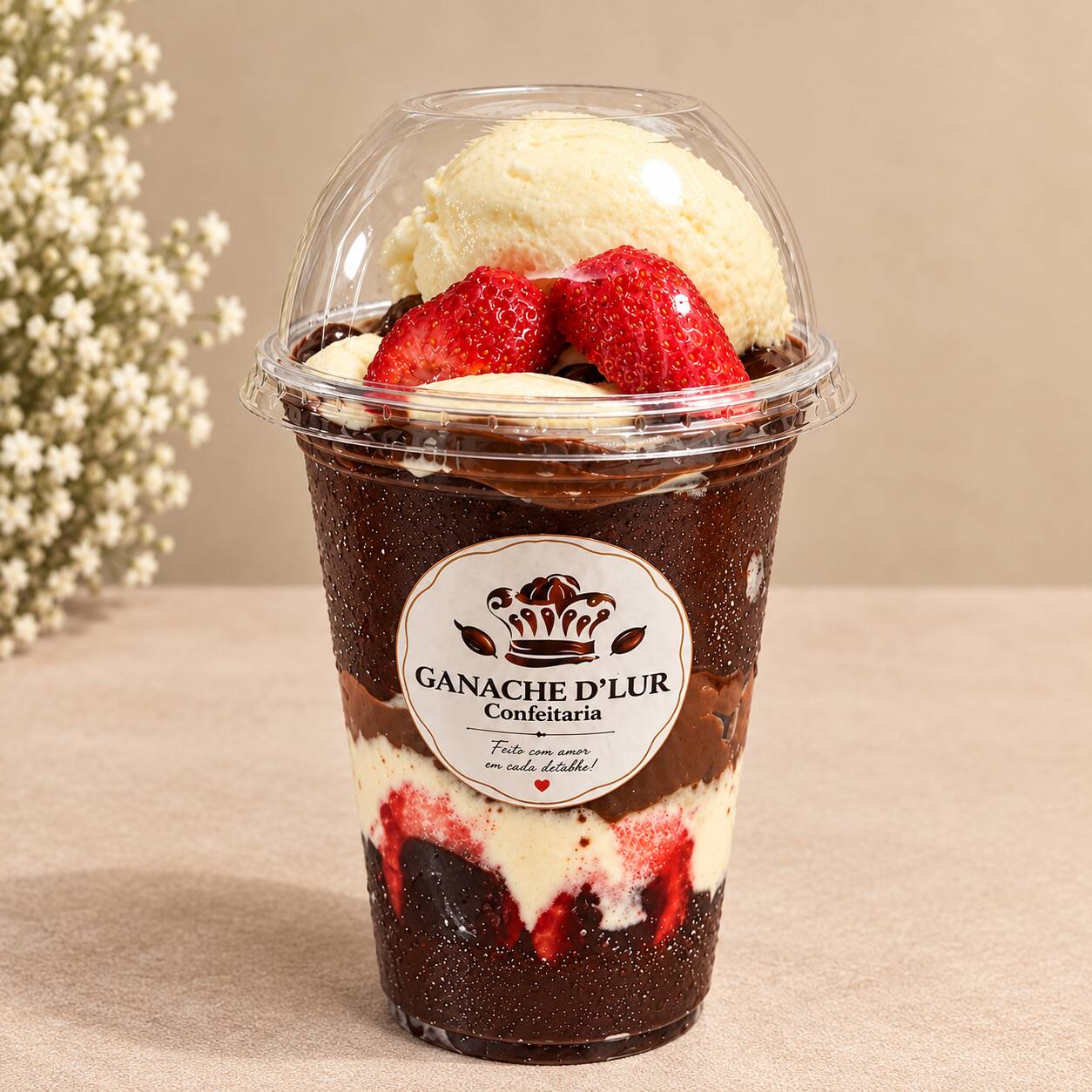 Açaí cremoso combinado com morangos, creme de Ninho, creme de avelã e leite em pó. Para completar, uma deliciosa bola de sorvete de Ninho por cima. Uma combinação irresistível e super cremosa! 550ml
