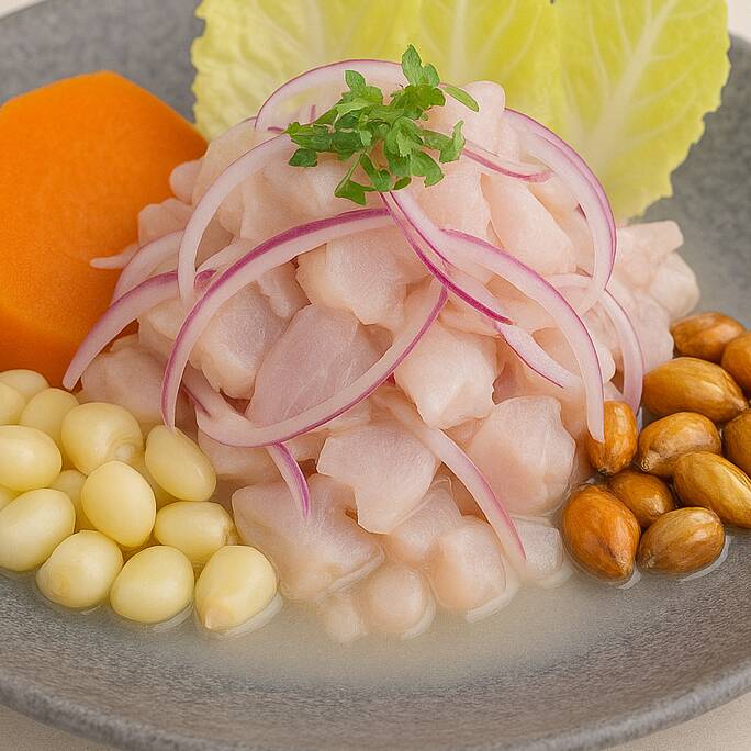 Peixe marinado no leite de tigre, limão, com cebola roxa, coentro, pimenta, milho verde, milho peruano torrado, batata doce e chips de banana.