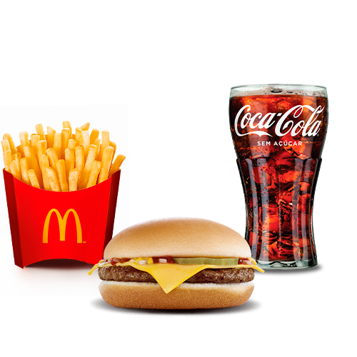 Um hamburguer (100% carne bovina), queijo sabor cheddar, cebola, picles, ketchup, mostarda e pão sem gergelim com acompanhamento e bebida.