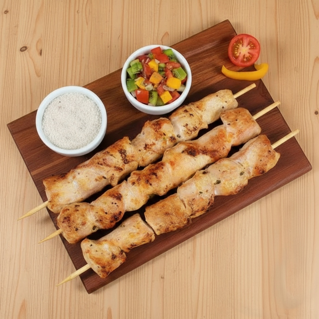 Espetinho de frango suculento, temperado com especiarias tradicionais.