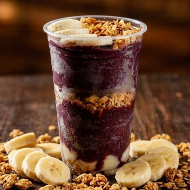 Açaí Premium enviado. na embalagem térmica, com : granola e banana enviados a parte.foto meramente ilustrativa. Todos nosso produtos vão com os complementos enviados a parte.