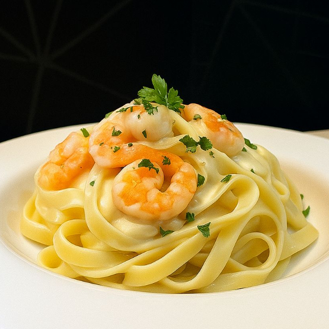 Fettuccine al dente envolvido em nosso molho branco cremoso, combinado com camarões frescos e cuidadosamente temperados com especiarias selecionadas.