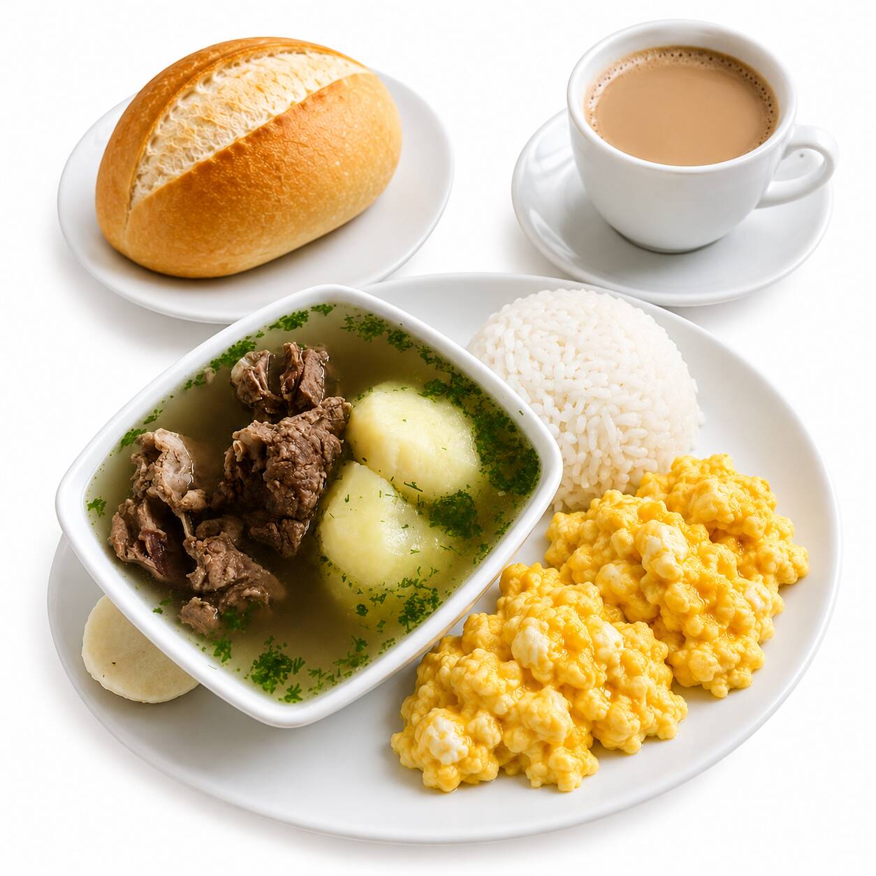 Huevos al Gusto + Caldo de Costilla + Pan y Bebida