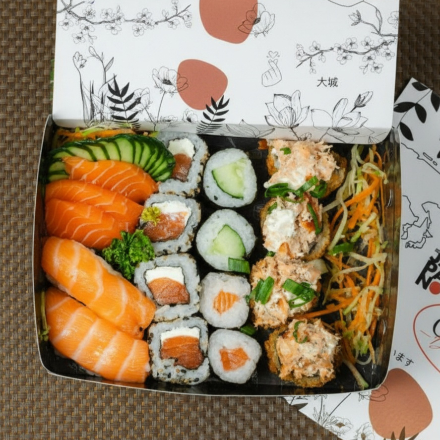 2 sashimi Salmão 2 Nigiri salmão 4 Uramaki salmão 4 Hot Roll 2 Hossomaki salmão 2 Hossomaki pepino