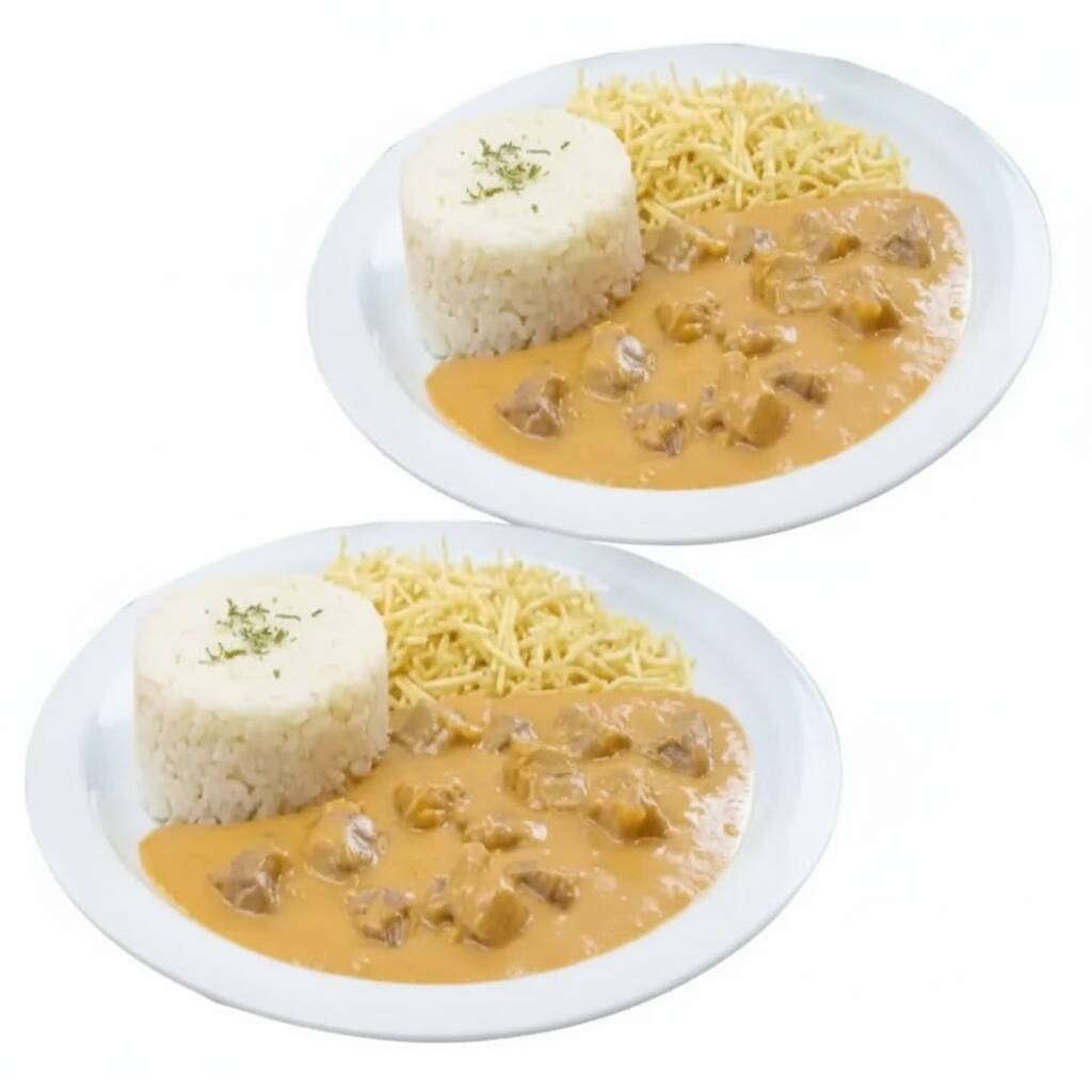 2 Marmitas de Strogonoff de frango Campeão de vendas acompanhado de Arroz Branco soltinho + Batata Palha + Guaraná Antarctica 1 Litro.