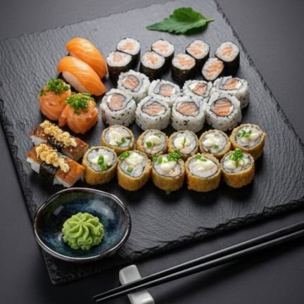 2- Joy, 2- Sushi Salmão, 2- Sushi Skin, 8- Uramaki Filadélfia, 8- Maki Salmão, 10- Hot Filadélfia