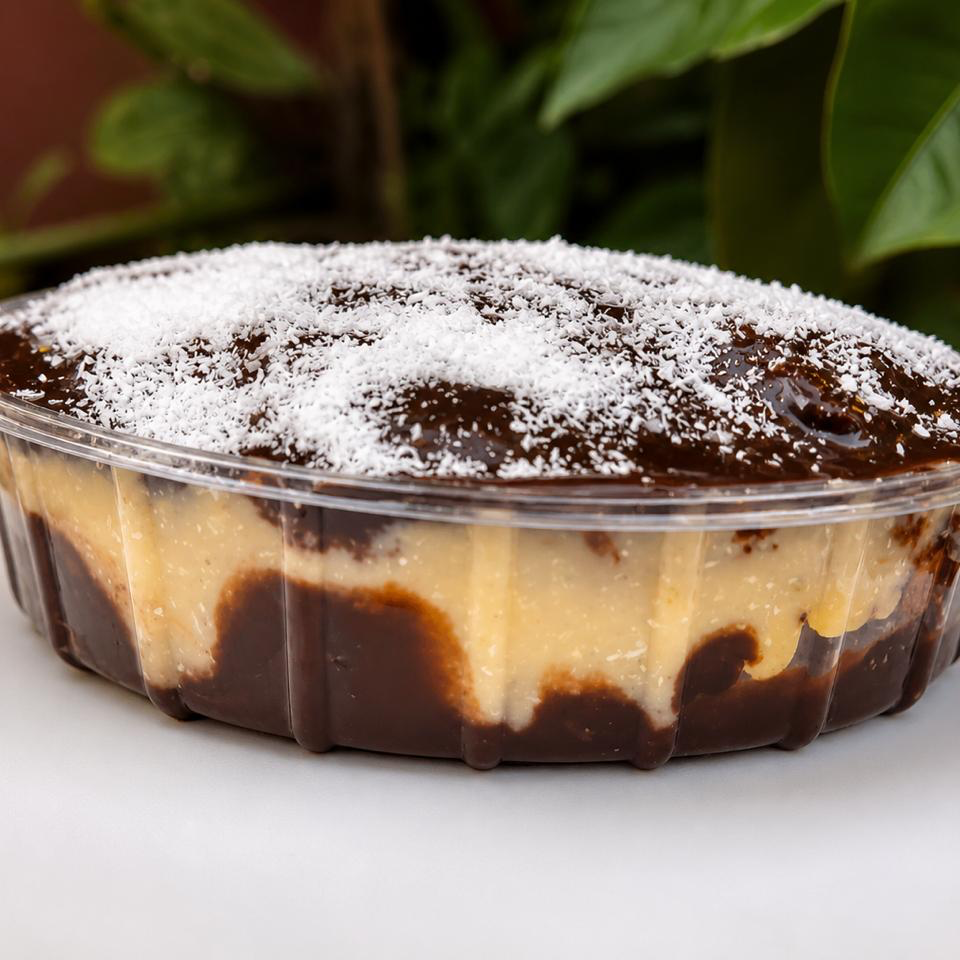 Massa de chocolate, creme de coco e creme de chocolate.
Temos travessa de 1 litro (serve até 2 pessoas, peso aproximado 400 gramas) e travessa de 2 litros (serve até 5 pessoas, peso aproximado 800 gramas ).