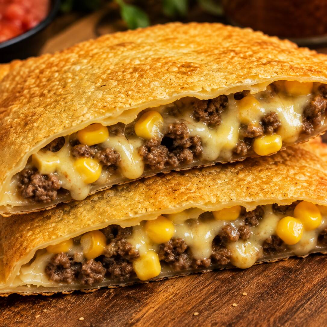 Carne moída bem temperada e suculenta, combinada com queijo derretido e milho verde. Uma mistura deliciosa de sabores e texturas, com recheio caprichado envolvido em uma massa sequinha, crocante e douradinha. 🤤
