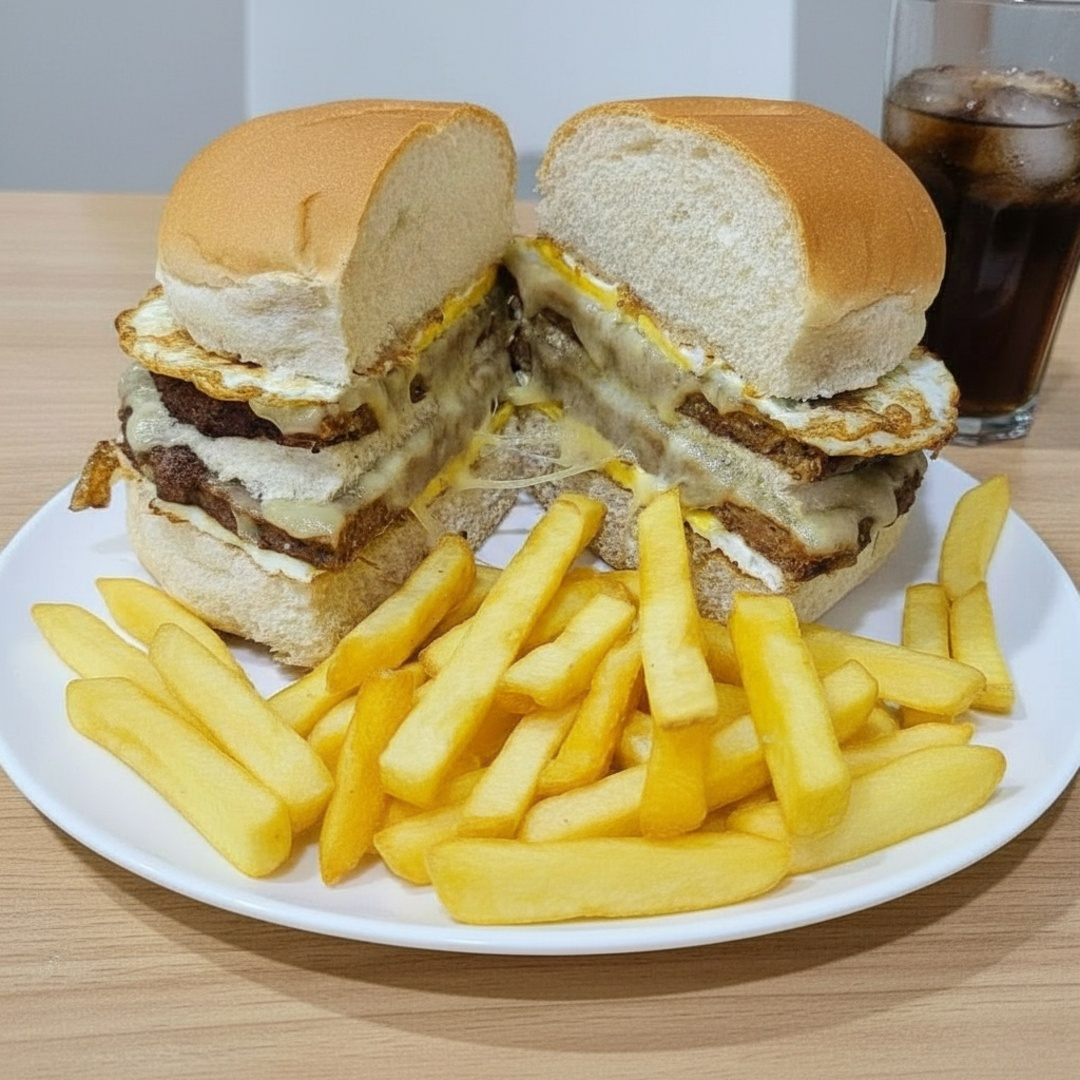 Batata balha, hambúrguer, alface é tomate,cheddar,mussarela,bacon,maionese cazeira