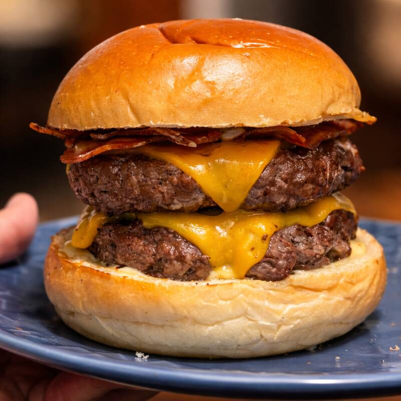 2 carnes suculentas, cheddar derretido, bacon crocante e cebola caramelizada no pão macio.