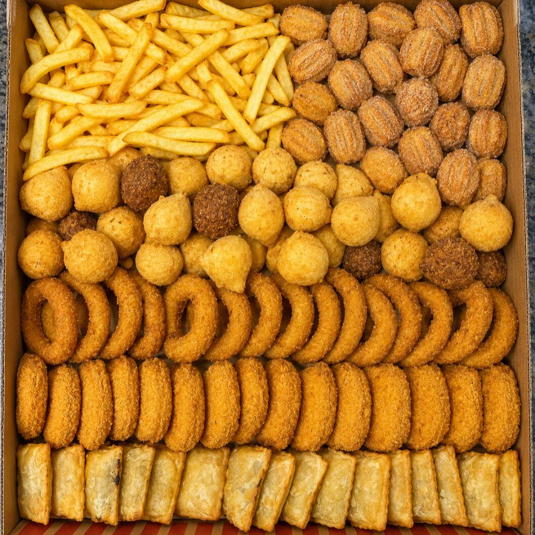Essa porção serve até 4 pessoas
Acompanha os seguintes itens
- 15 nuggets
- 15 mini pastéis
- 15 anéis de cebola
- 50 salgadinhos
- Batata frita 300g
- 15 mini churros