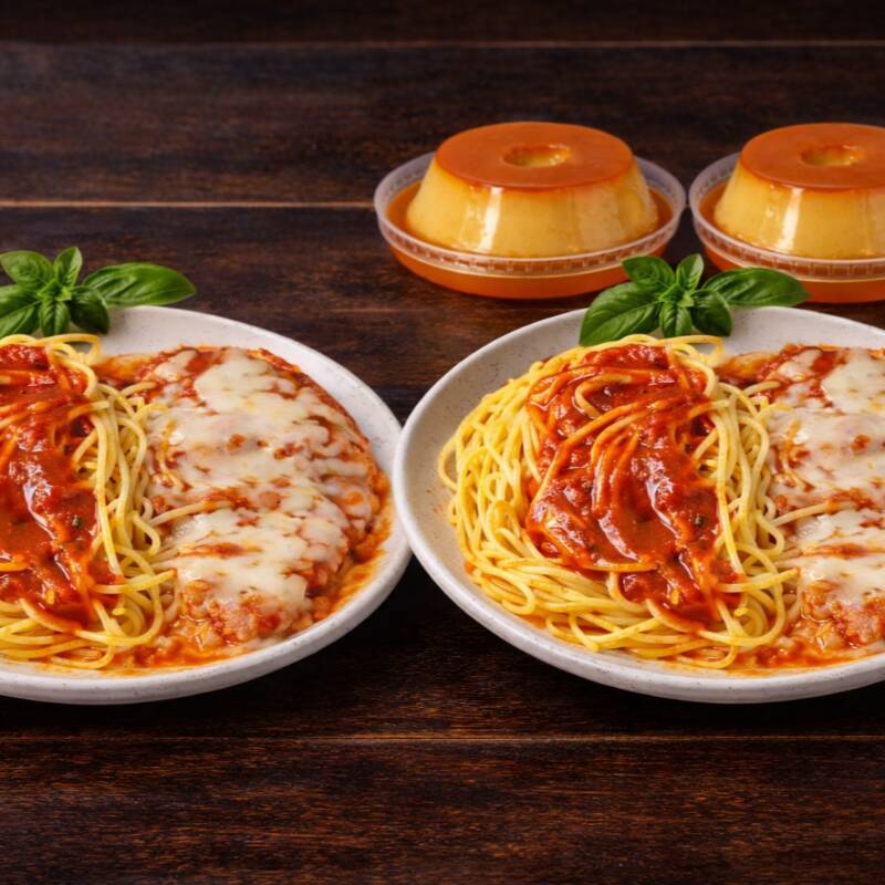 Uma refeição completa e deliciosa: 2 Filés à Parmegiana + 2 Sobremesas.