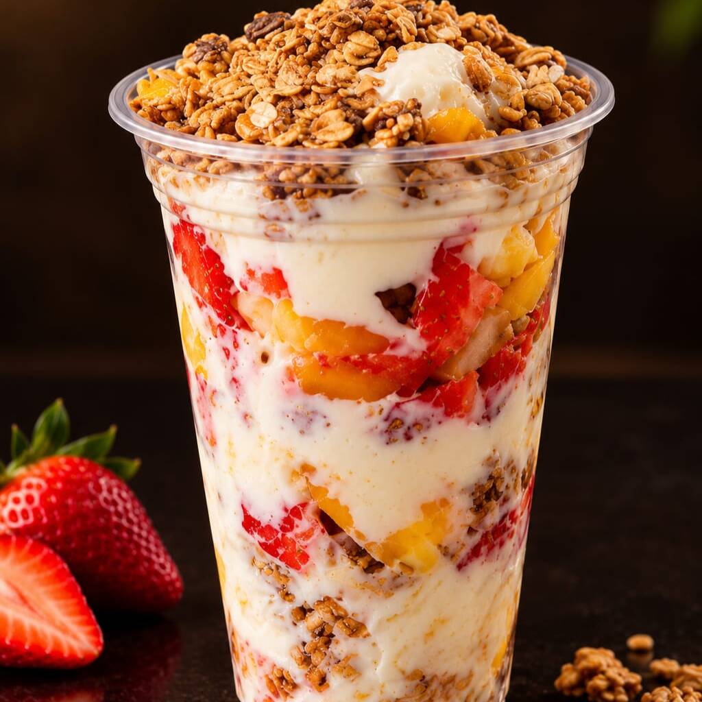 Uma deliciosa mistura de frutas fresquinhas e suculentas: morango, banana, mamão, maçã, laranja, uva, manga e maracujá.