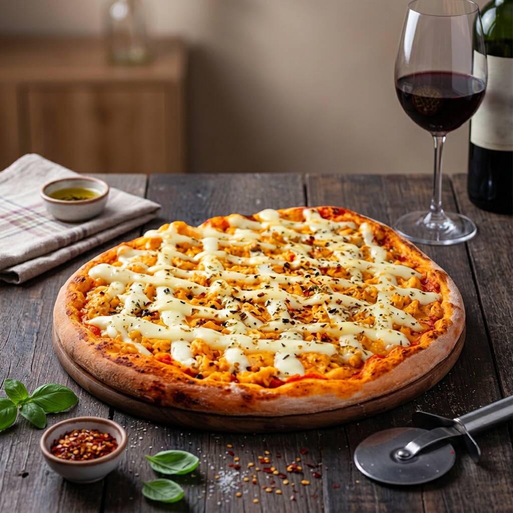 Massa fresca, molho de tomate, frango desfiado, catupiry e orégano
